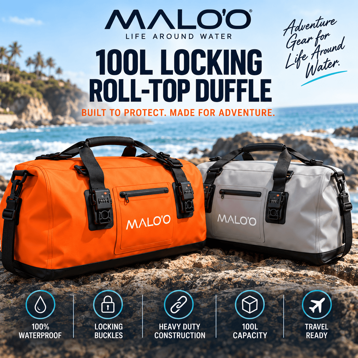 100L Locking Waterproof Roll-Top Duffle Bag - Locking Feature - Malo'o Racks