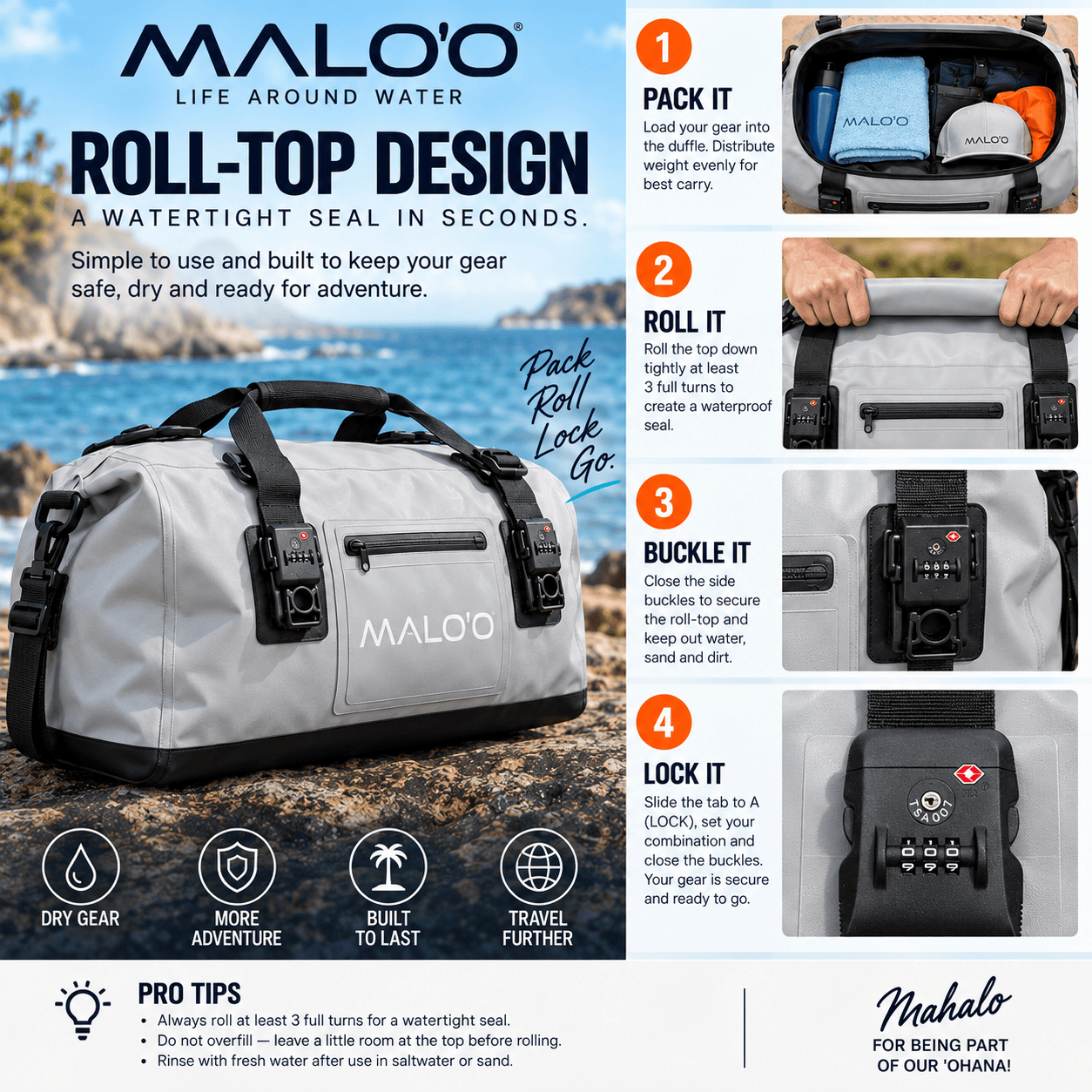 100L Locking Waterproof Roll-Top Duffle Bag - Locking Feature - Malo'o Racks