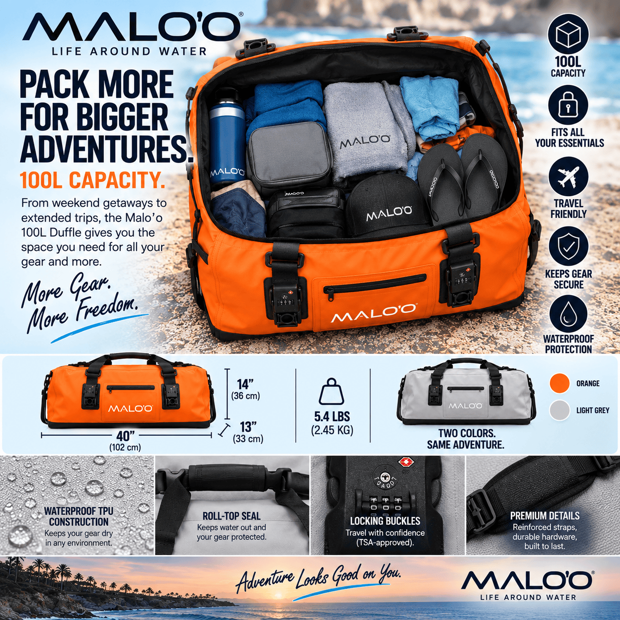 100L Locking Waterproof Roll-Top Duffle Bag - Locking Feature - Malo'o Racks