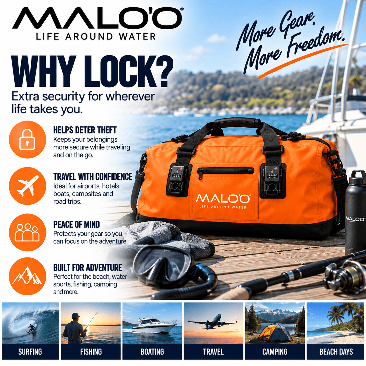 100L Locking Waterproof Roll-Top Duffle Bag - Locking Feature - Malo'o Racks
