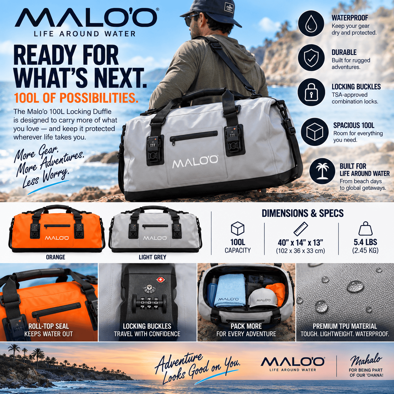 100L Locking Waterproof Roll-Top Duffle Bag - Locking Feature - Malo'o Racks