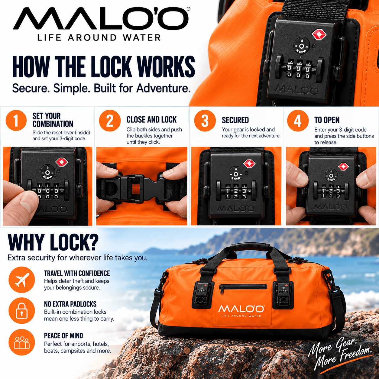100L Locking Waterproof Roll-Top Duffle Bag - Locking Feature - Malo'o Racks