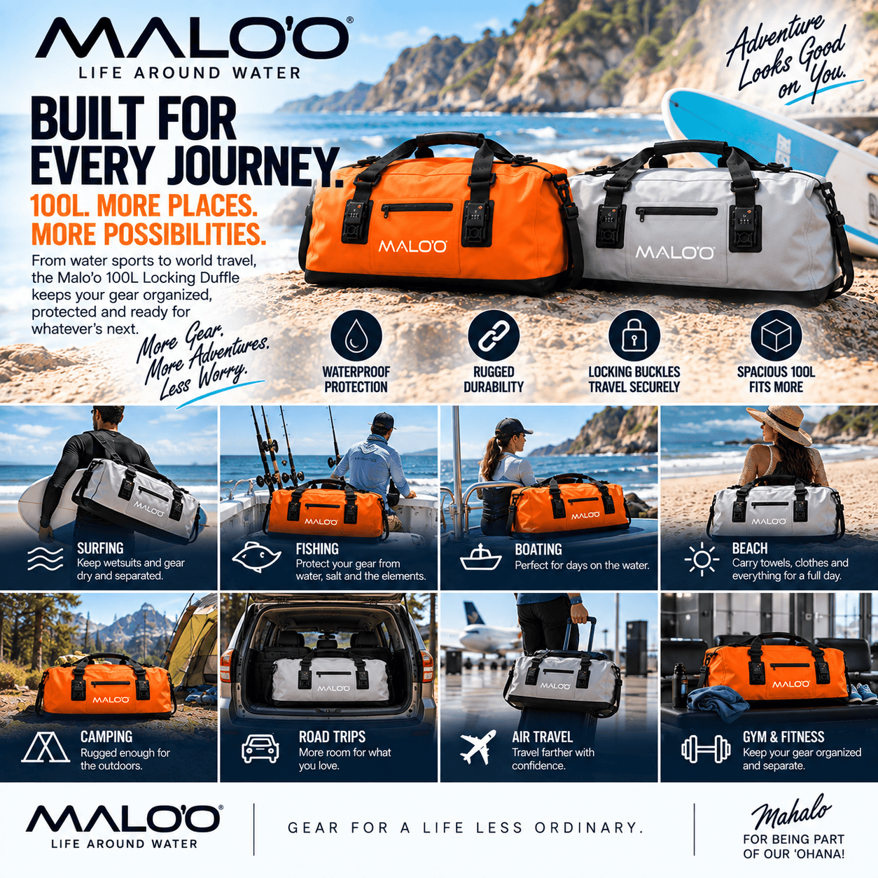 100L Locking Waterproof Roll-Top Duffle Bag - Locking Feature - Malo'o Racks