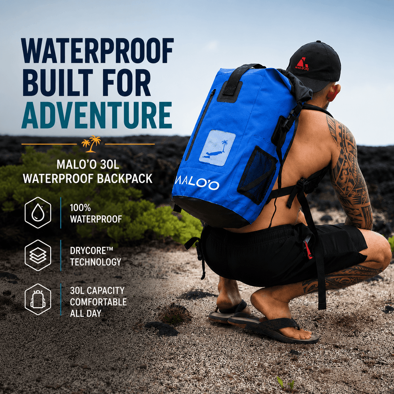 DryPack 30L Waterproof Backpack – Roll - Top Dry Bag for Beach, Travel & Outdoor Gear - Malo'o Racks