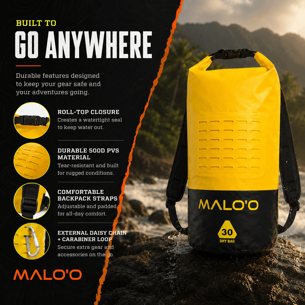 DryPack 30L Waterproof Dry Bag – Roll - Top Kayak, Beach & Travel Gear Bag - Malo'o Racks