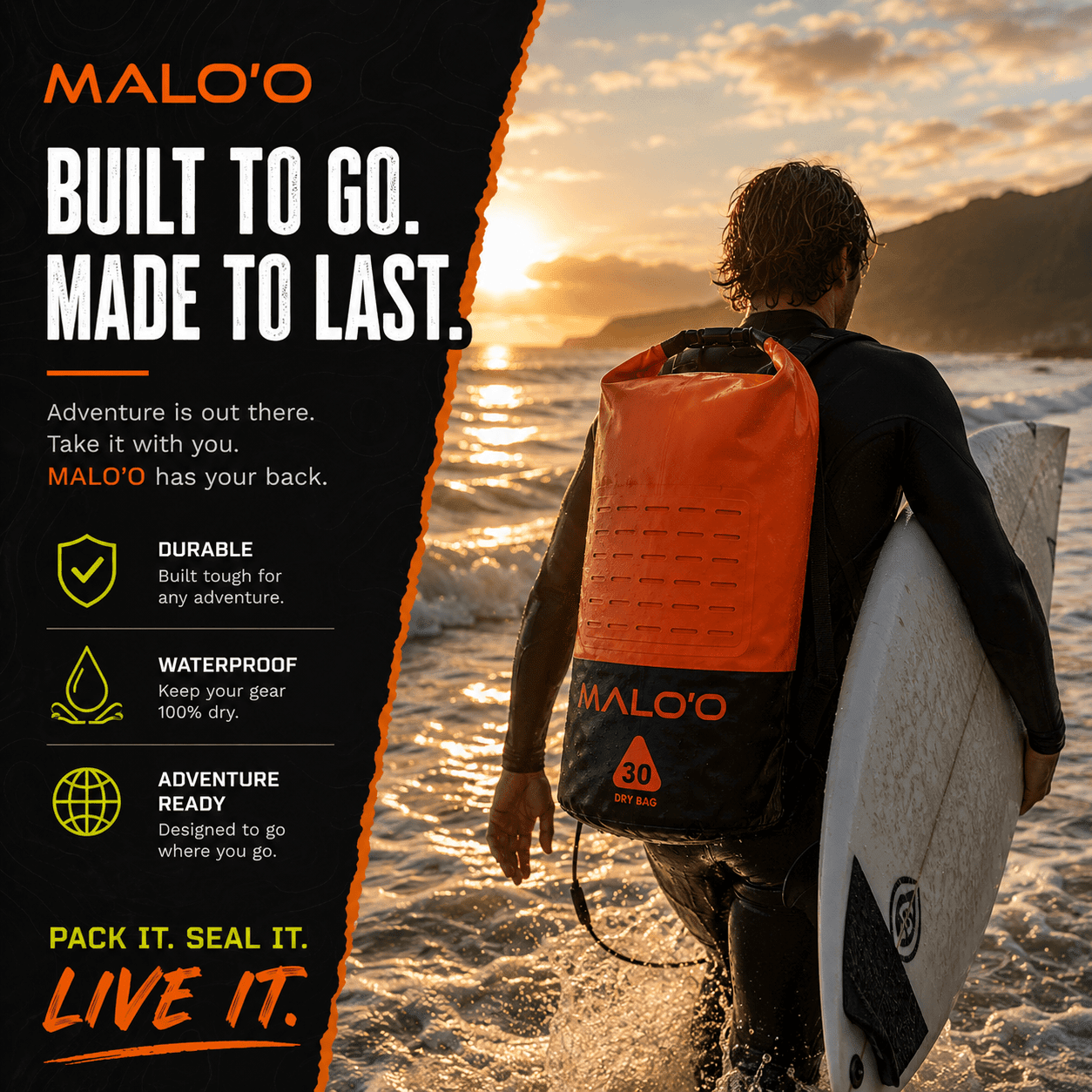 DryPack 30L Waterproof Dry Bag – Roll - Top Kayak, Beach & Travel Gear Bag - Malo'o Racks