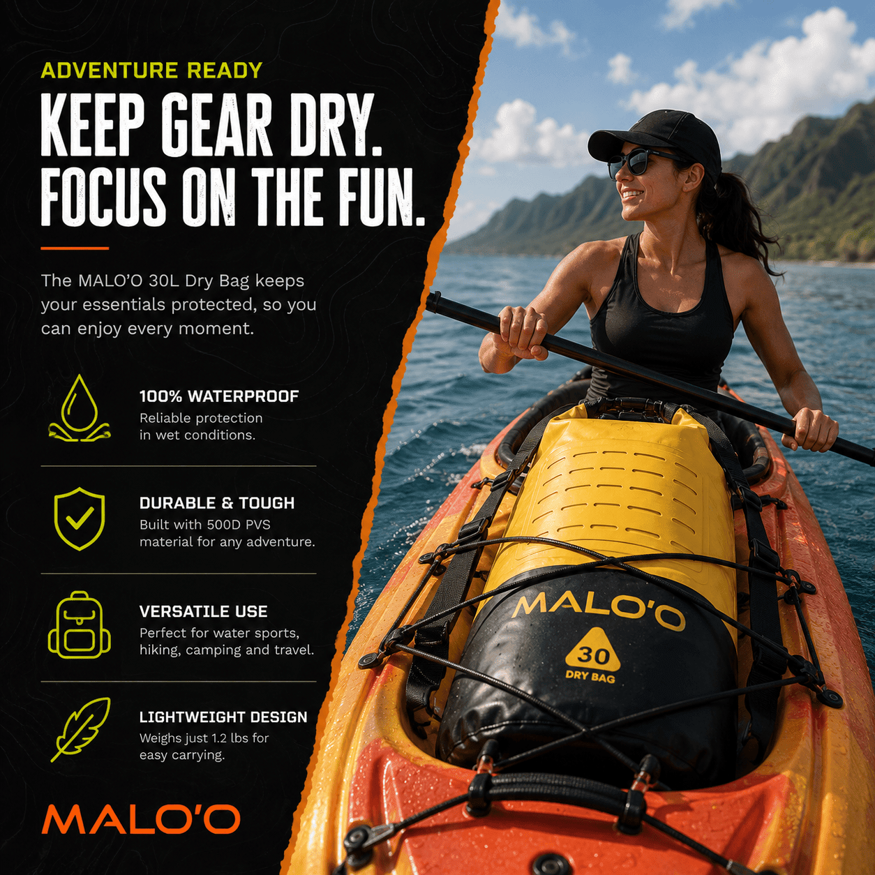 DryPack 30L Waterproof Dry Bag – Roll - Top Kayak, Beach & Travel Gear Bag - Malo'o Racks