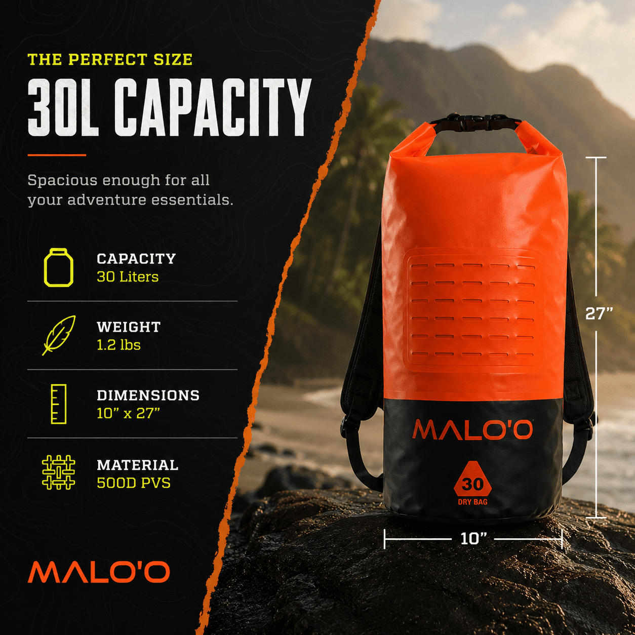 DryPack 30L Waterproof Dry Bag – Roll - Top Kayak, Beach & Travel Gear Bag - Malo'o Racks