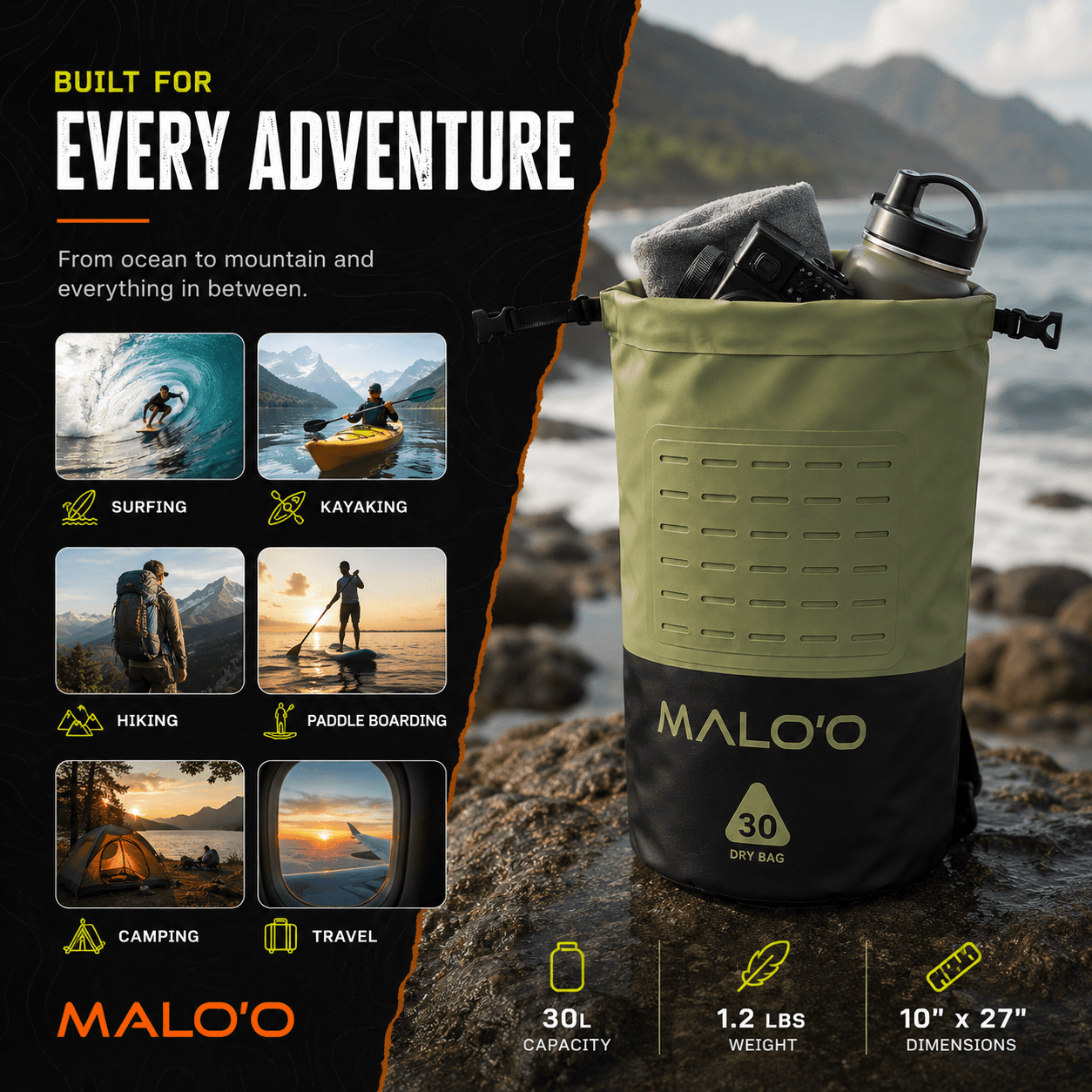 DryPack 30L Waterproof Dry Bag – Roll - Top Kayak, Beach & Travel Gear Bag - Malo'o Racks
