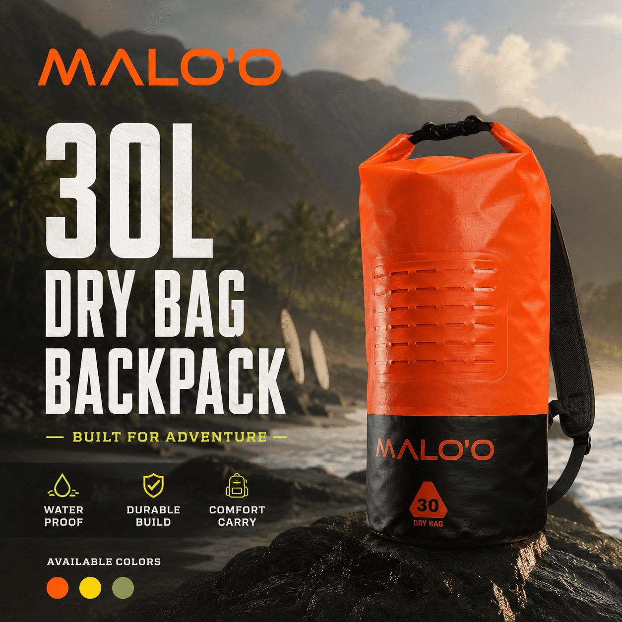 DryPack 30L Waterproof Dry Bag – Roll - Top Kayak, Beach & Travel Gear Bag - Malo'o Racks