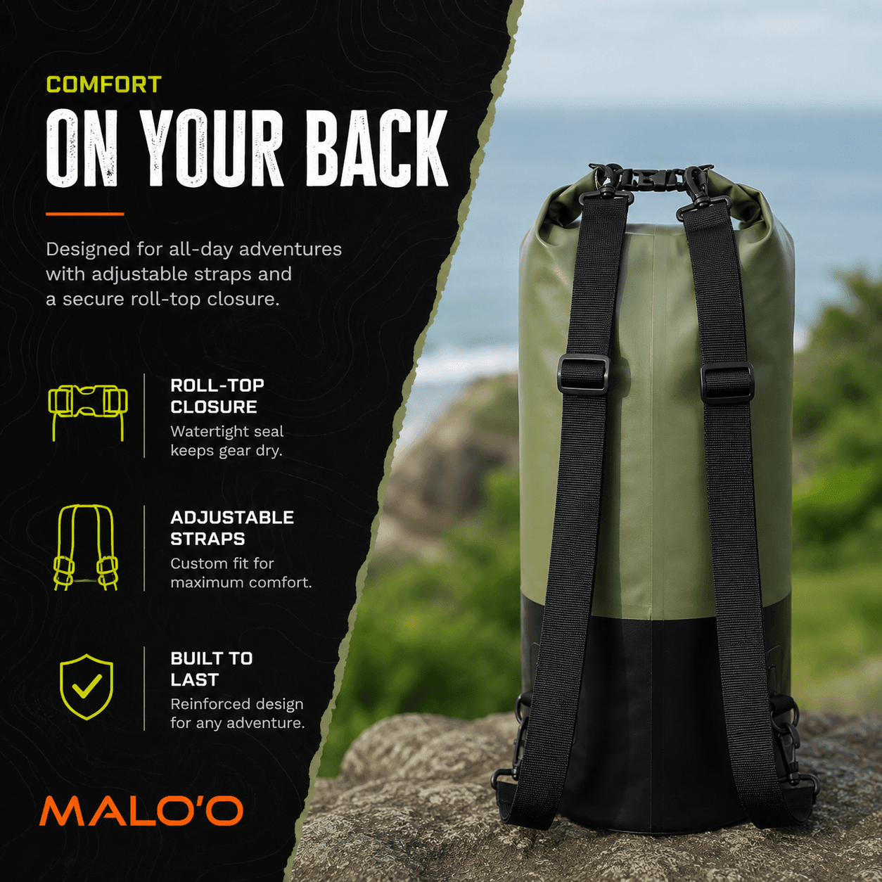 DryPack 30L Waterproof Dry Bag – Roll - Top Kayak, Beach & Travel Gear Bag - Malo'o Racks