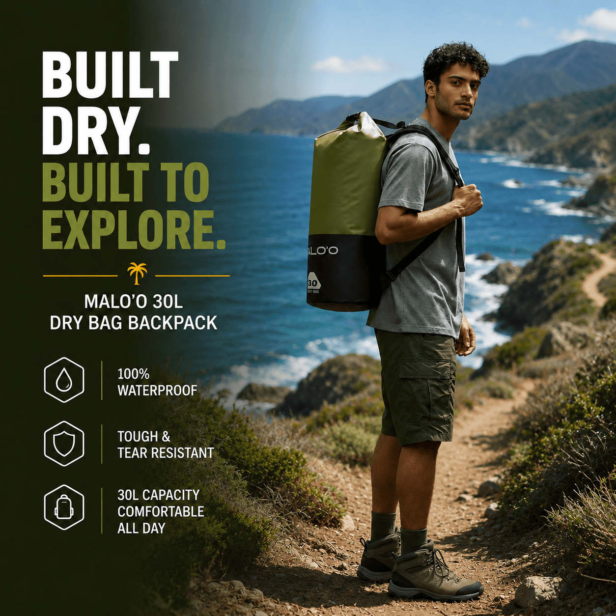 DryPack 30L Waterproof Dry Bag – Roll - Top Kayak, Beach & Travel Gear Bag - Malo'o Racks