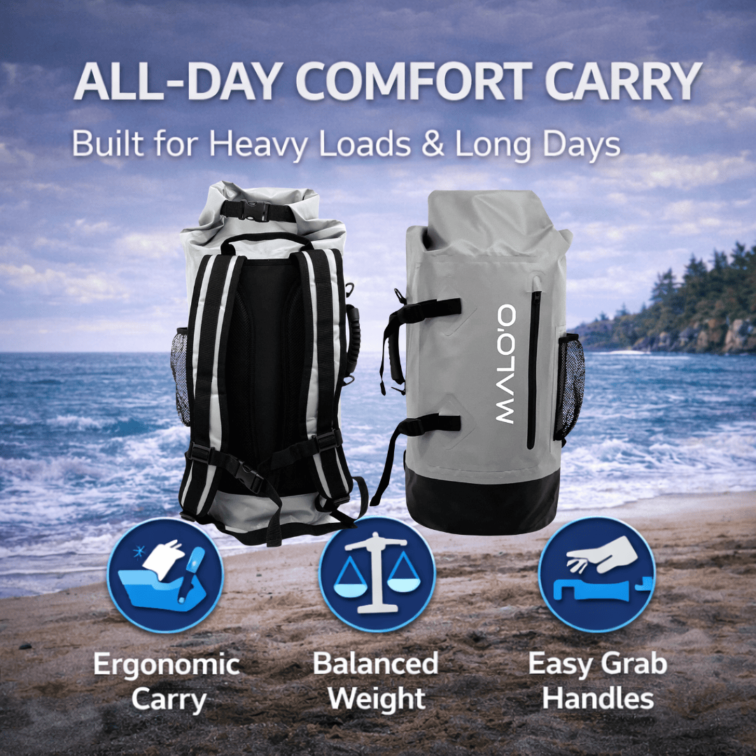 DryPack 45L Waterproof Backpack – Roll - Top Dry Bag for Travel, Beach & Outdoor Gear - Malo'o Racks