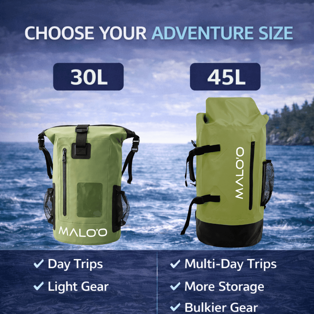 DryPack 45L Waterproof Backpack – Roll - Top Dry Bag for Travel, Beach & Outdoor Gear - Malo'o Racks