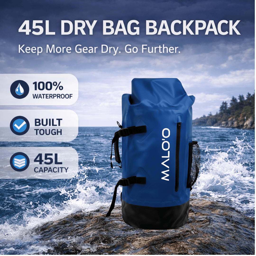 DryPack 45L Waterproof Backpack – Roll - Top Dry Bag for Travel, Beach & Outdoor Gear - Malo'o Racks