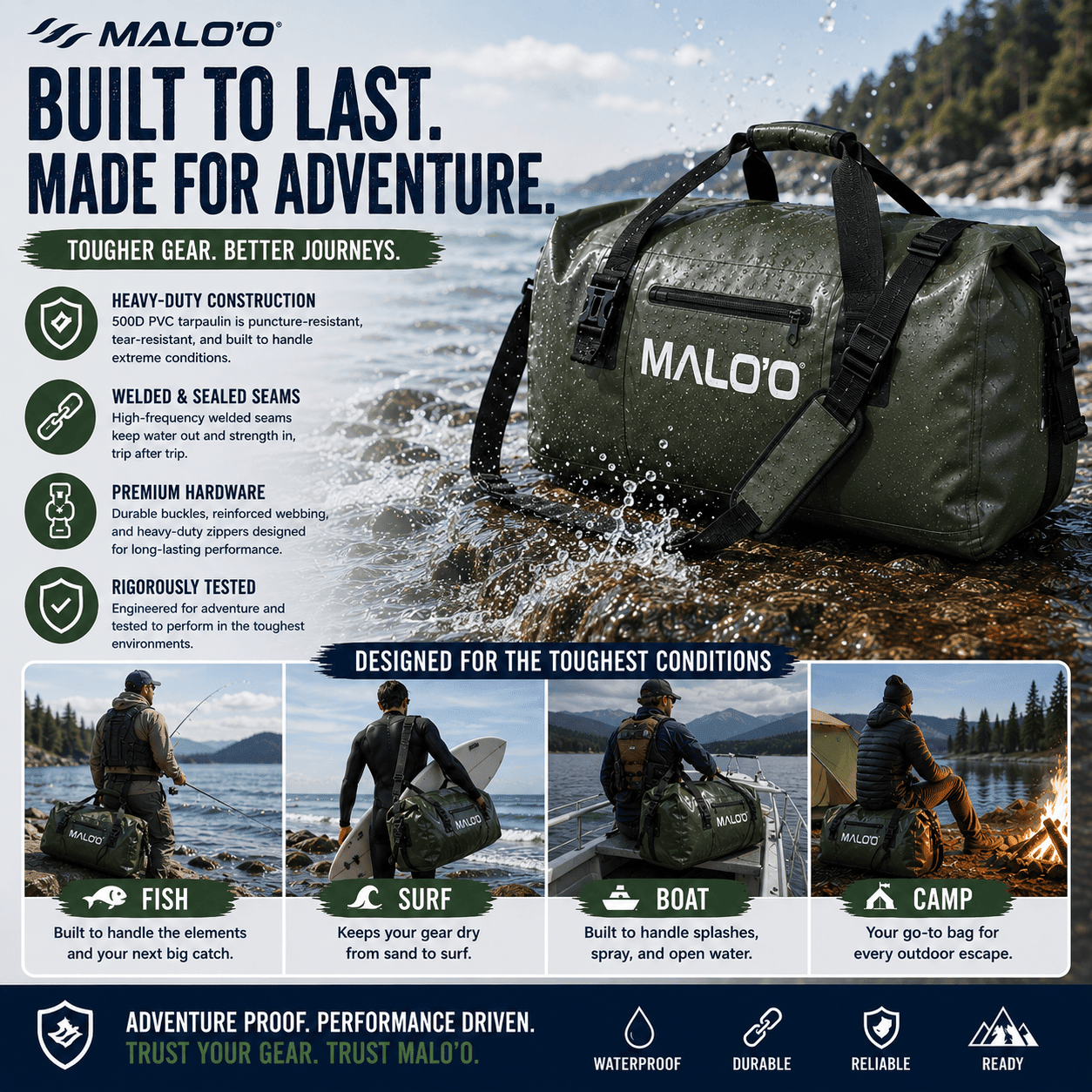 DryPack Waterproof Roll-Top Duffle Bag (40L, 60L, 100L) – Heavy-Duty Dry Bag for Travel, Beach & Outdoor Gear - Malo'o Racks