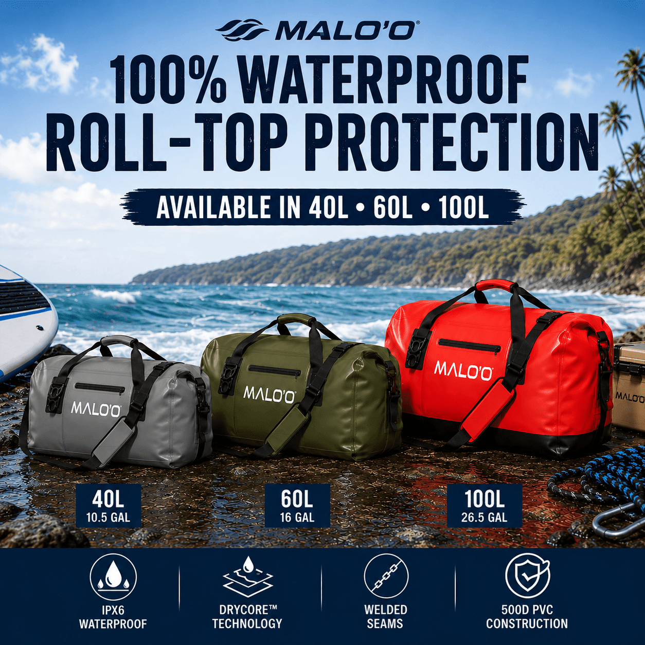 DryPack Waterproof Roll-Top Duffle Bag (40L, 60L, 100L) – Heavy-Duty Dry Bag for Travel, Beach & Outdoor Gear - Malo'o Racks