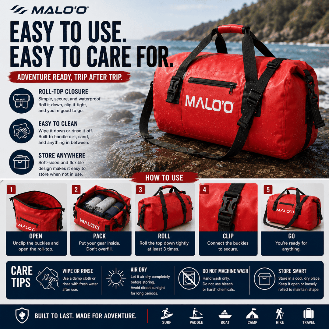 DryPack Waterproof Roll-Top Duffle Bag (40L, 60L, 100L) – Heavy-Duty Dry Bag for Travel, Beach & Outdoor Gear - Malo'o Racks