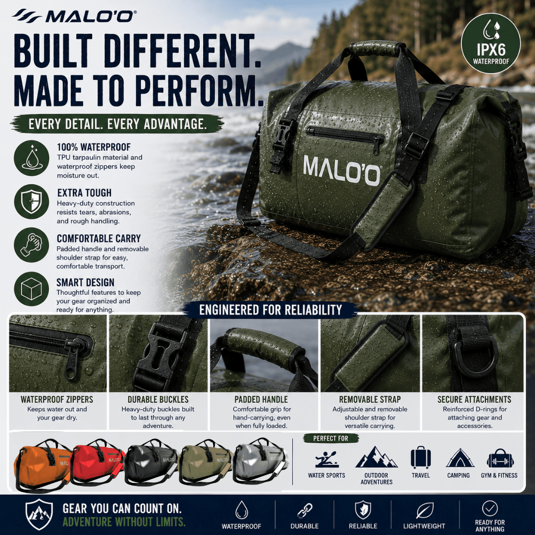 DryPack Waterproof Roll-Top Duffle Bag (40L, 60L, 100L) – Heavy-Duty Dry Bag for Travel, Beach & Outdoor Gear - Malo'o Racks
