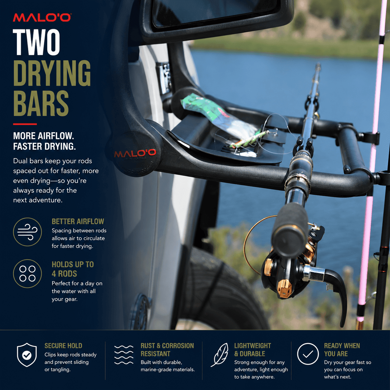 DryRack Fishing Rod Holder – Portable Rod Rack for Vehicle & Outdoor Use - Malo'o Racks