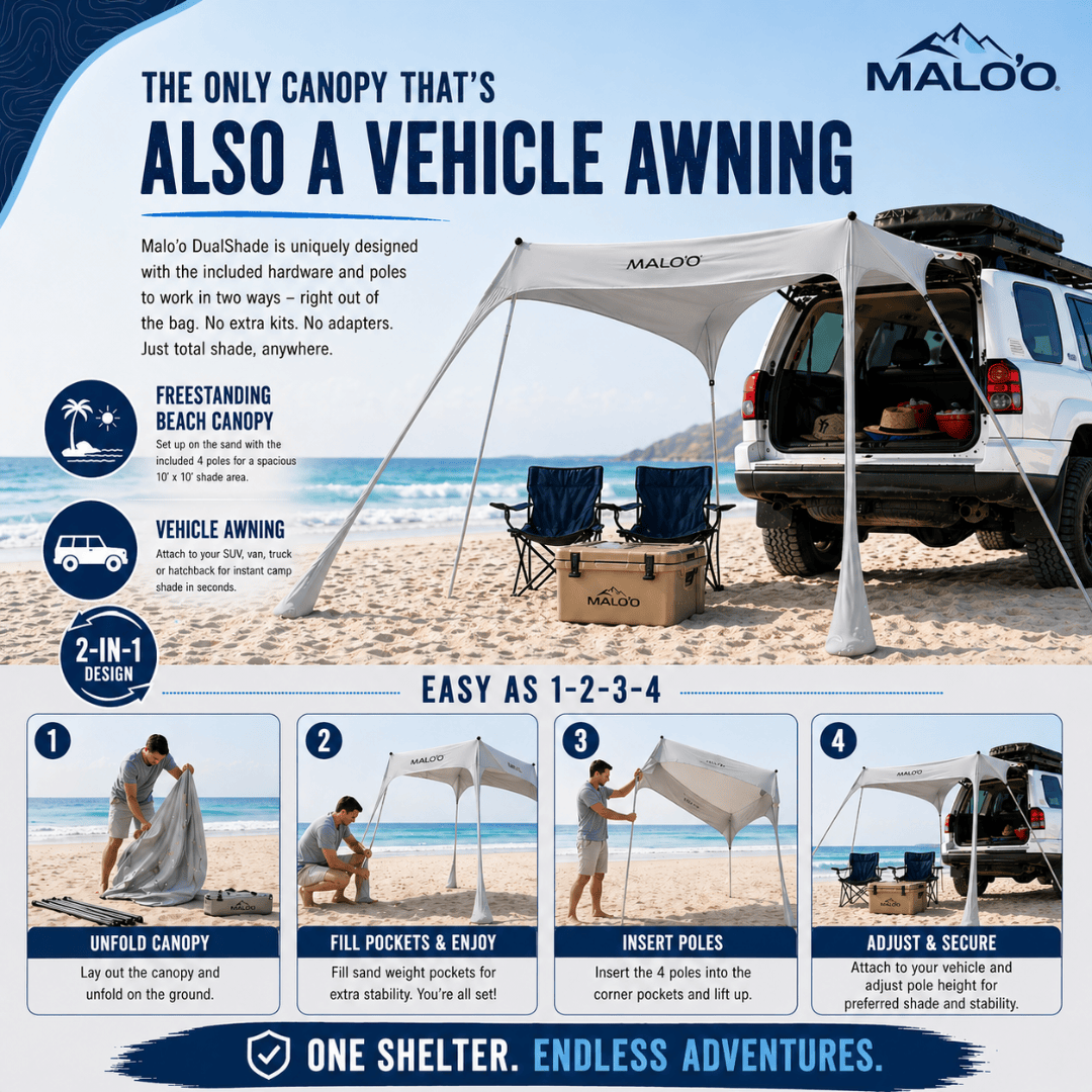 DualShade 10x10 Beach Canopy – Instant Sun Shelter & Vehicle - Mounted Awning - Malo'o Racks