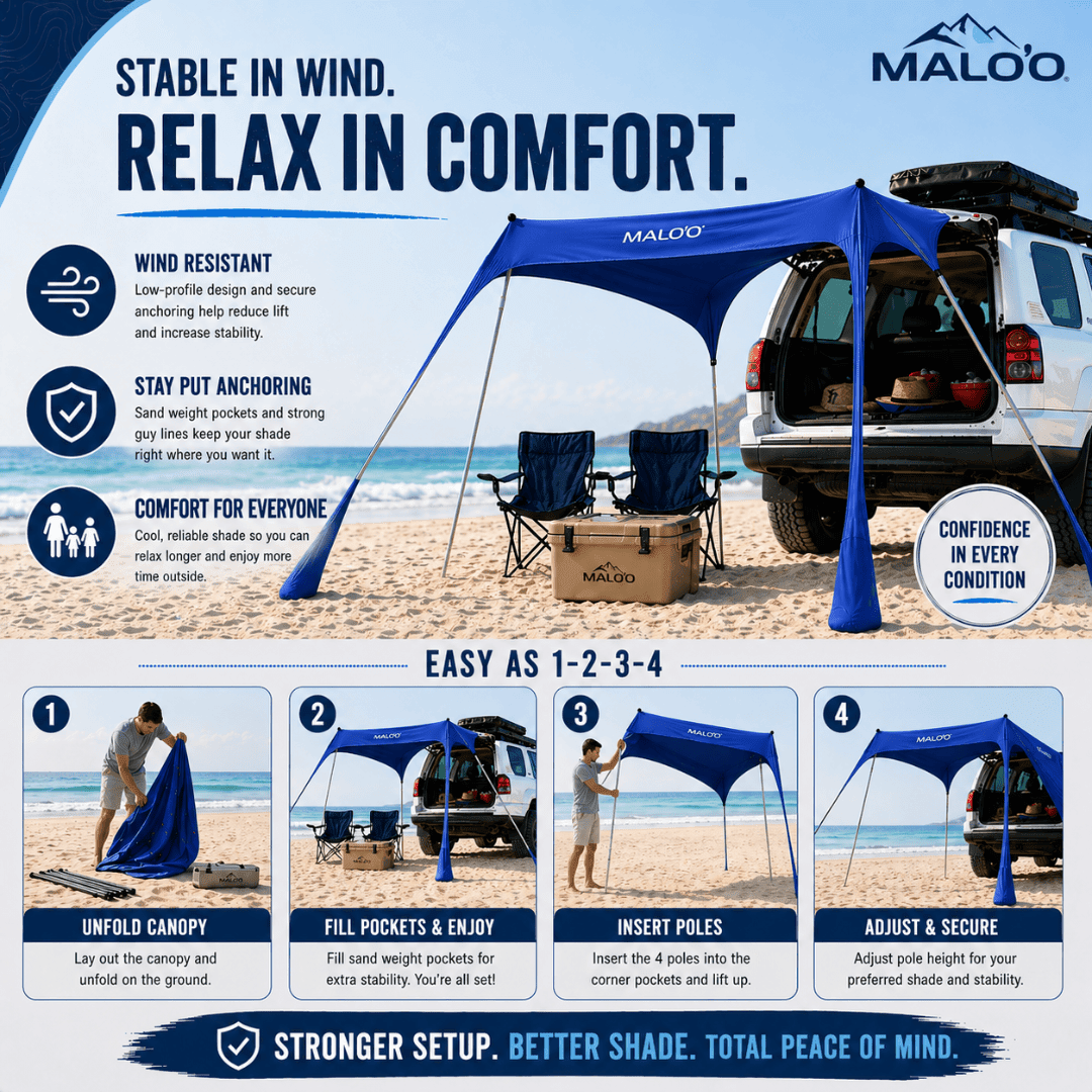 DualShade 10x10 Beach Canopy – Instant Sun Shelter & Vehicle - Mounted Awning - Malo'o Racks