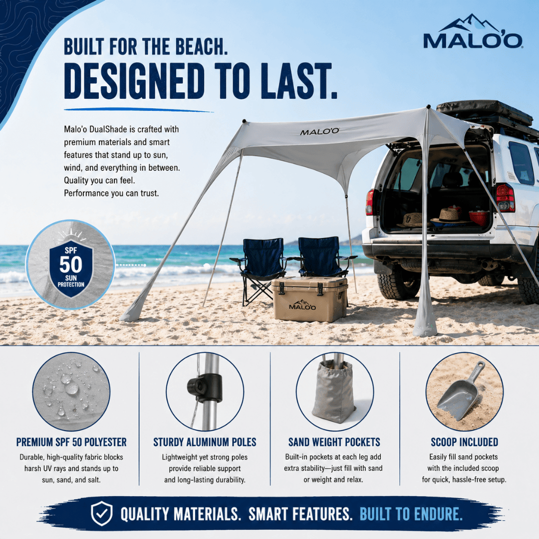 DualShade 10x10 Beach Canopy – Instant Sun Shelter & Vehicle - Mounted Awning - Malo'o Racks
