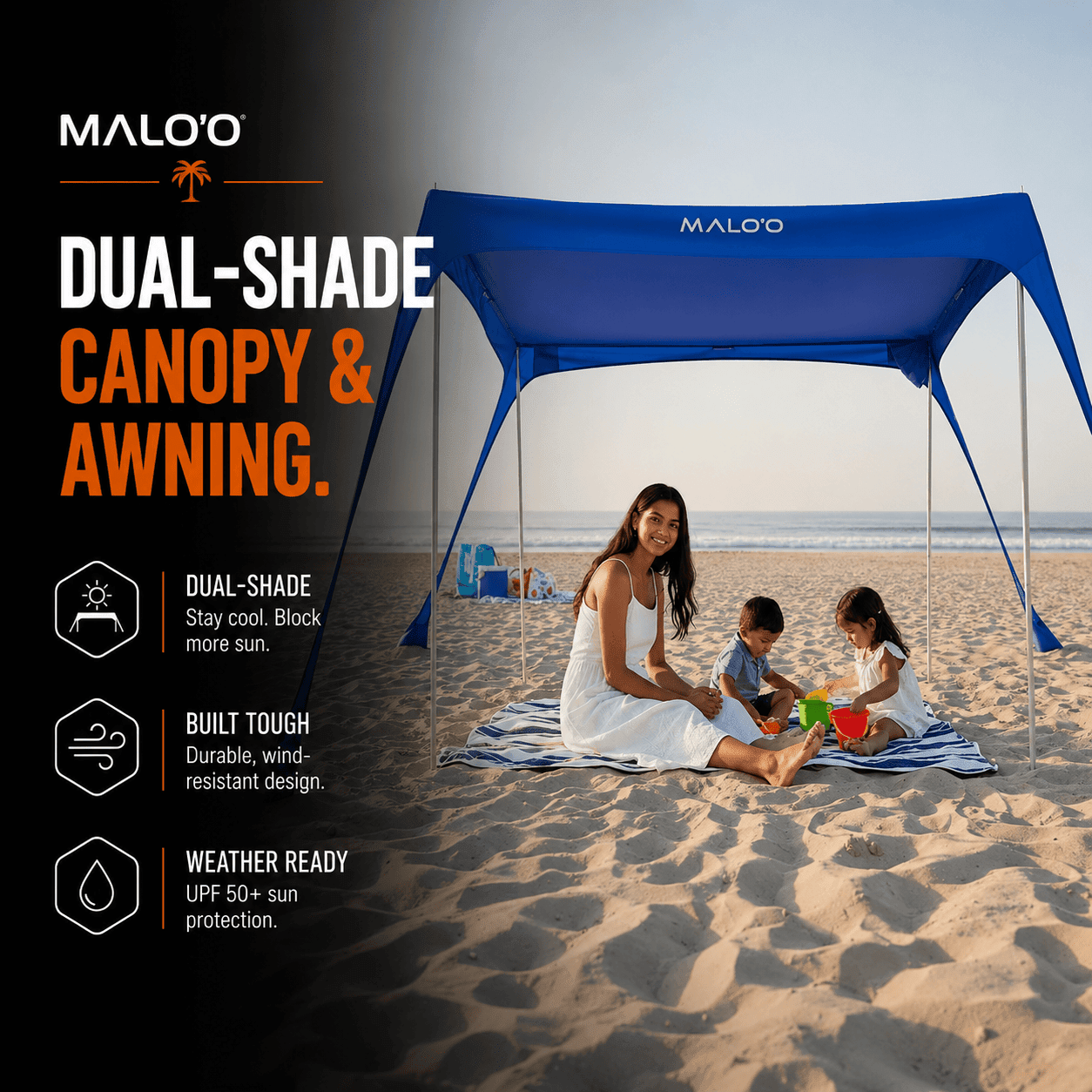 DualShade 10x10 Beach Canopy – Instant Sun Shelter & Vehicle - Mounted Awning - Malo'o Racks
