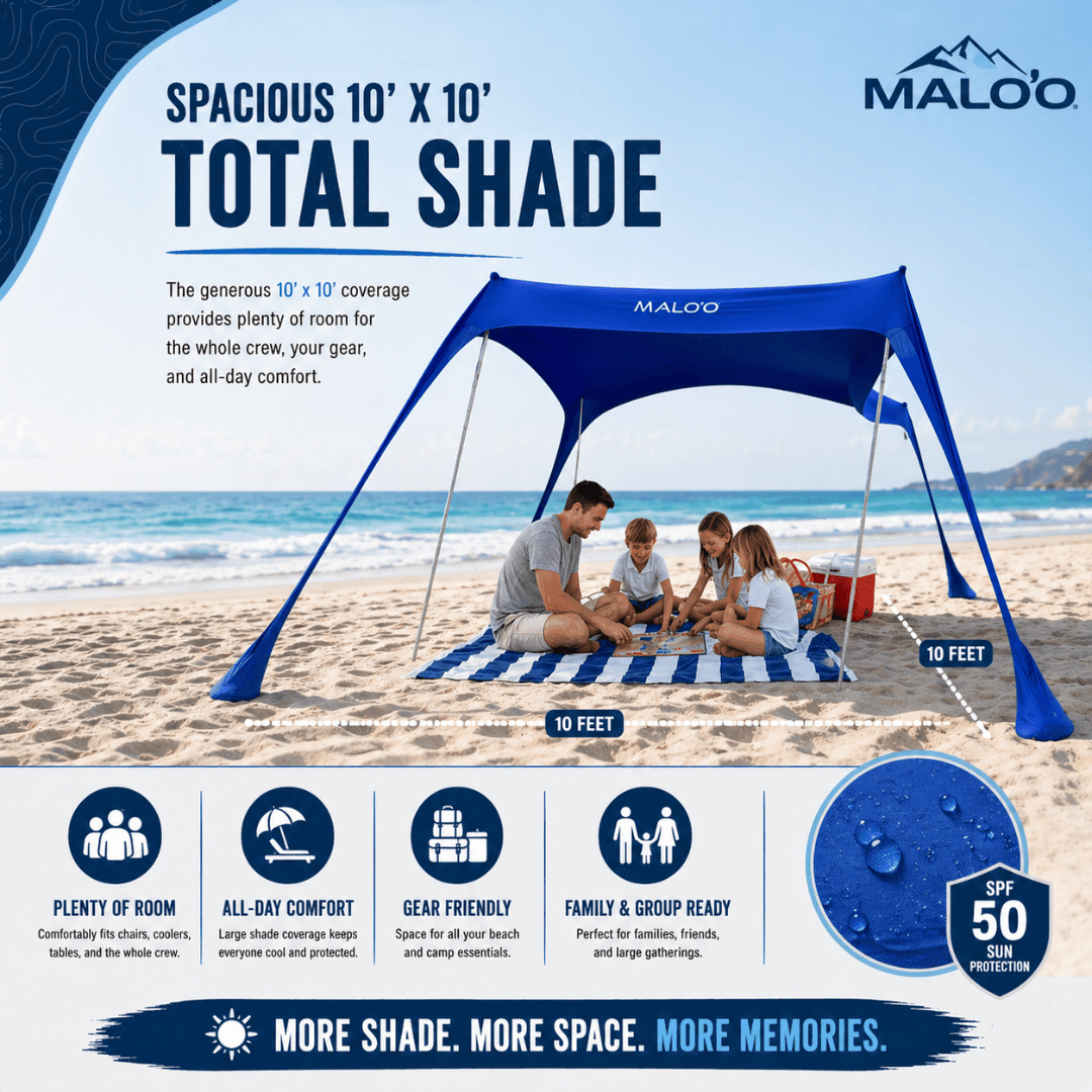 DualShade 10x10 Beach Canopy – Instant Sun Shelter & Vehicle - Mounted Awning - Malo'o Racks