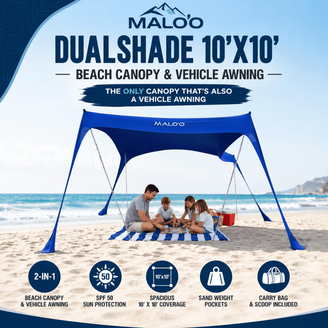 DualShade 10x10 Beach Canopy – Instant Sun Shelter & Vehicle - Mounted Awning - Malo'o Racks