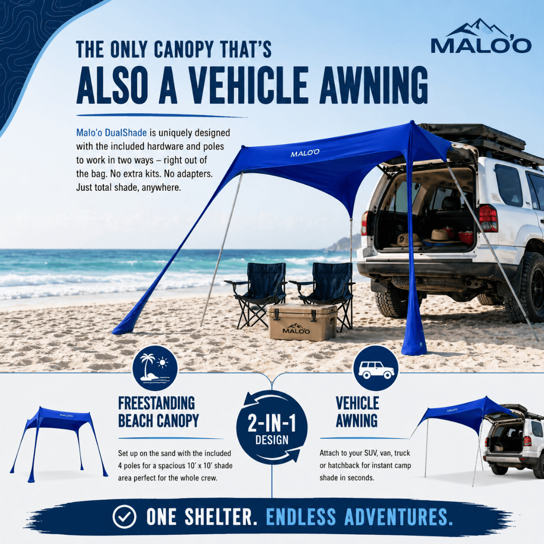 DualShade 10x10 Beach Canopy – Instant Sun Shelter & Vehicle - Mounted Awning - Malo'o Racks