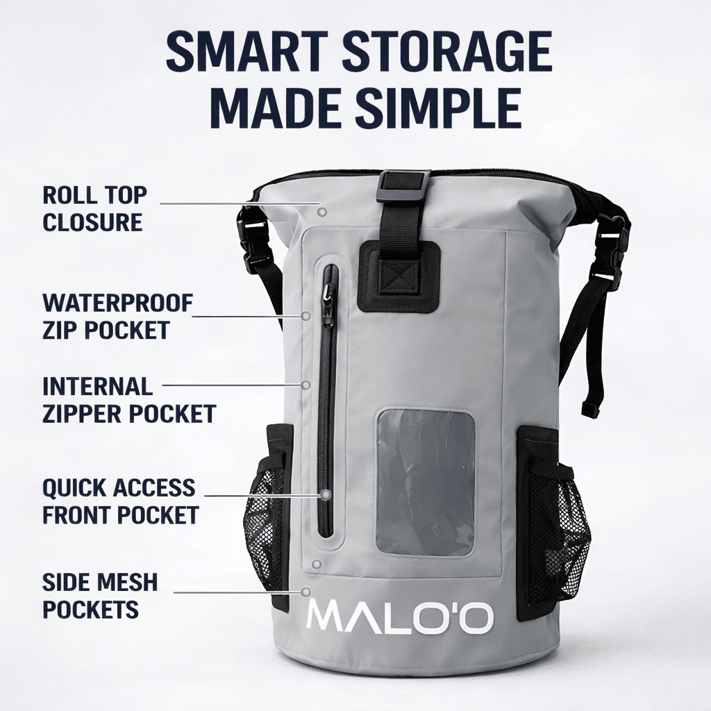Malo'o Racks DryPack DryPack 30L Waterproof Backpack – Roll-Top Dry Bag for Beach, Travel & Outdoor Gear