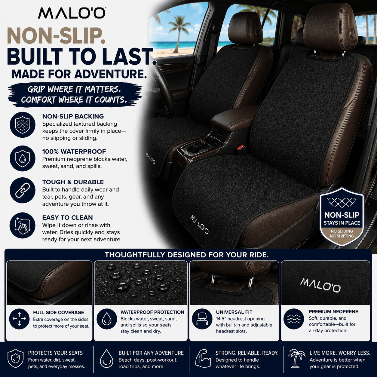 Malo'o Racks SeatGuard Black SeatGuard Non-Slip Waterproof  Seat Cover (2-Pack) – Durable Seat Protector for Beach, Gym & Pets