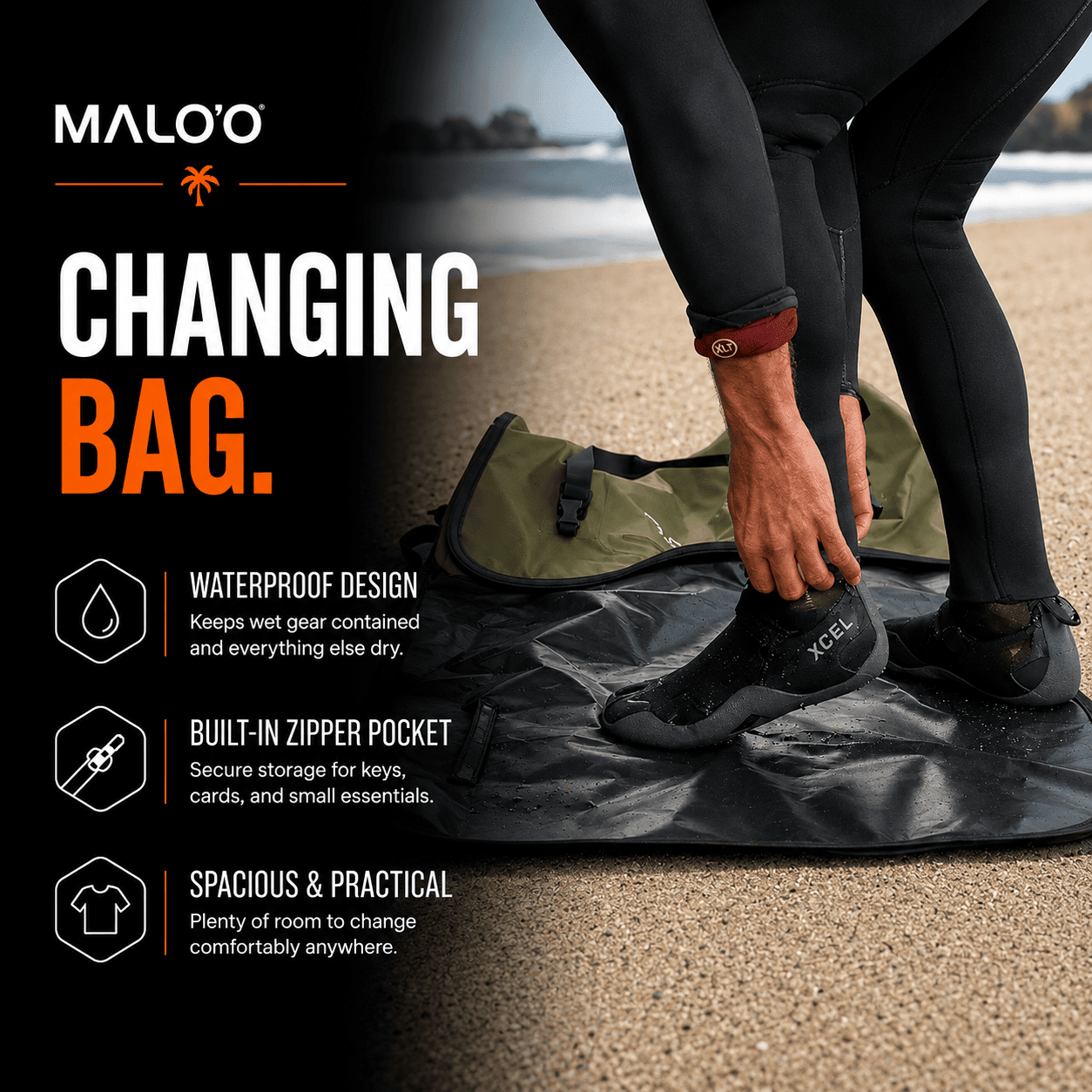Malo'o Shoreline Changing & Carry Bag – Waterproof Wetsuit Changing Bag for Beach & Travel - Malo'o Racks