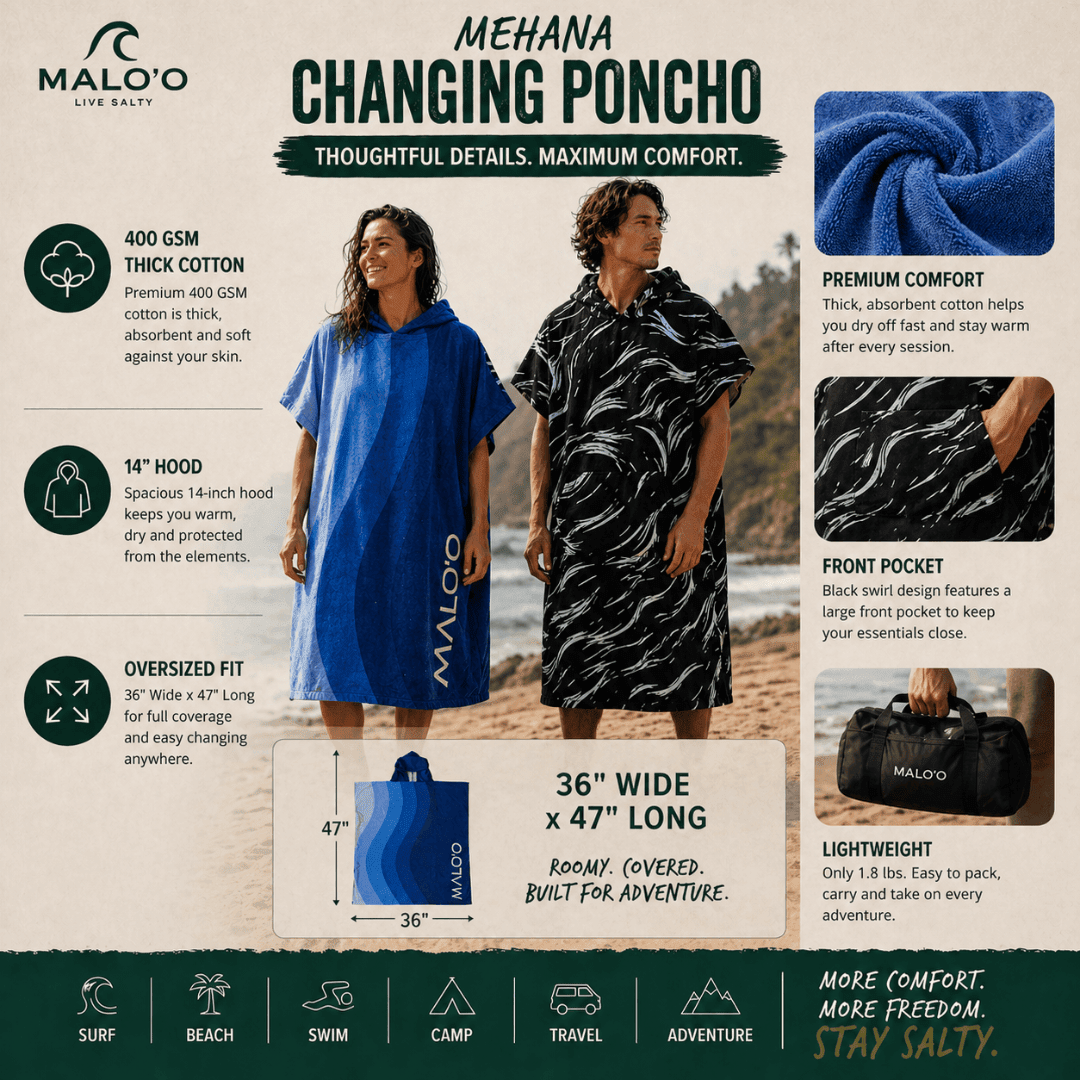 Mehana Changing Poncho – Quick - Dry Surf Poncho & Hooded Towel for Beach & Water Adventures - Malo'o Racks