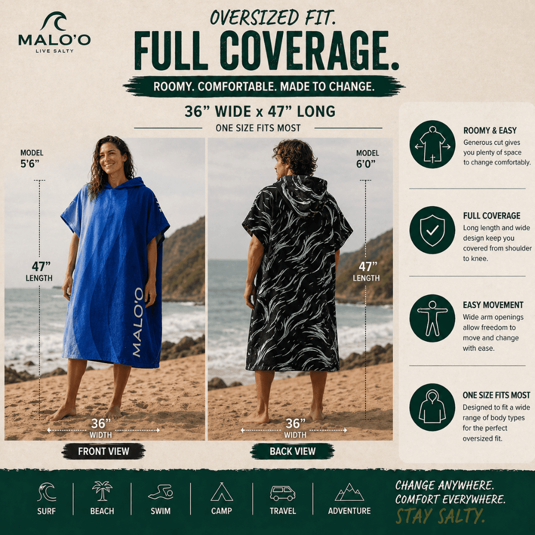 Mehana Changing Poncho – Quick - Dry Surf Poncho & Hooded Towel for Beach & Water Adventures - Malo'o Racks