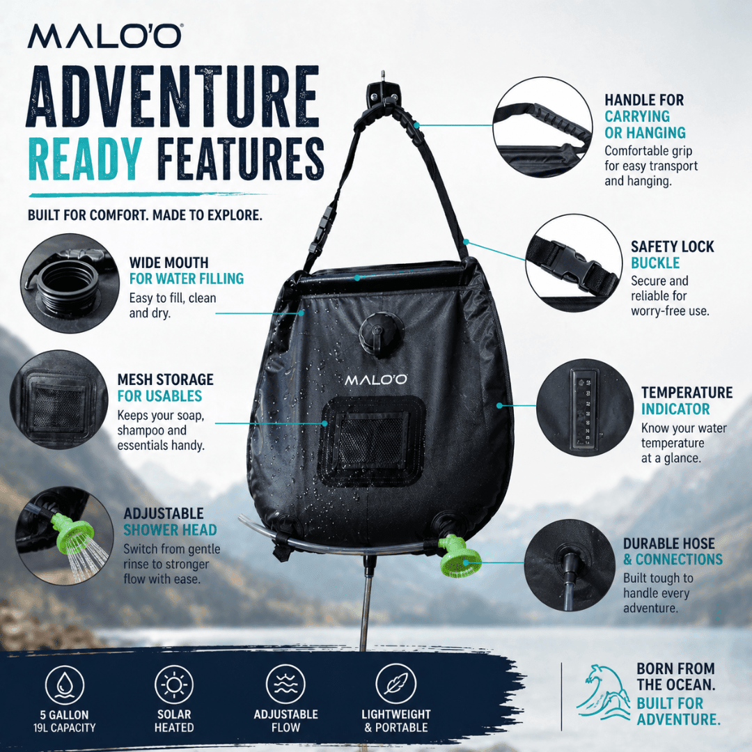 Portable Camping Shower Bag – Outdoor Shower for Beach, Surf & Travel - Malo'o Racks