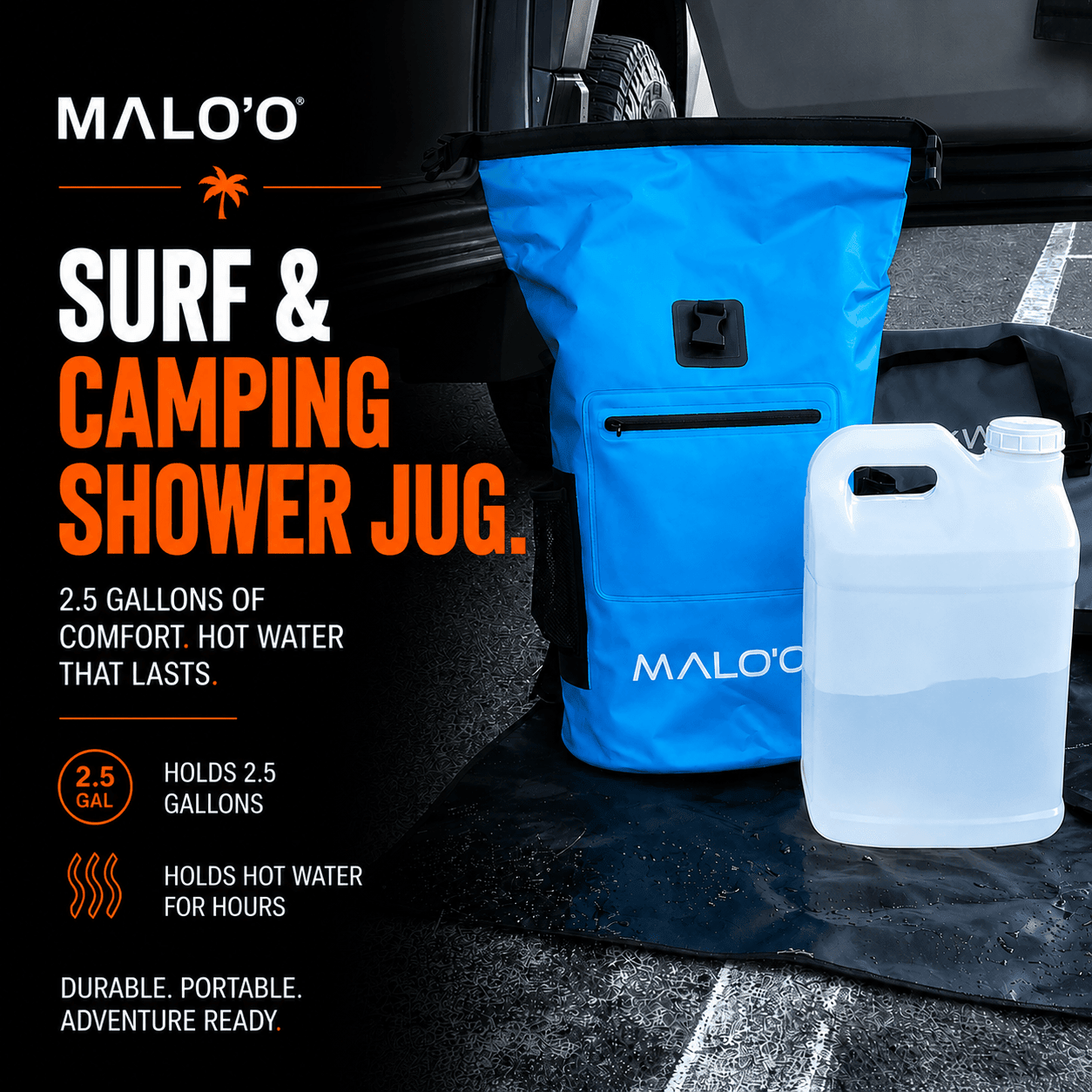 Portable Surf & Camping Shower Jug – Outdoor Shower for Beach, Surf & Travel - Malo'o Racks