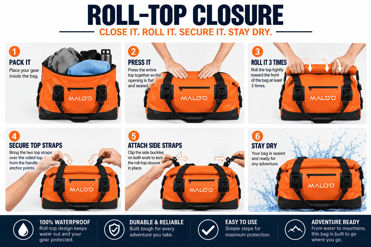 Roll-Top Waterproof Duffle ( 40L/60L/100L)– Heavy-Duty Dry Bag for Travel, Beach & Outdoor Gear - Malo'o Racks