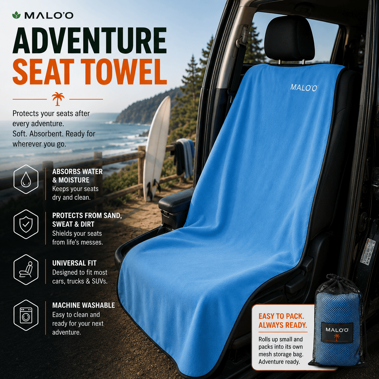 SeatGuard Adventure Seat Towel (2 - Pack) – Absorbent Seat Protector for Beach, Gym & Travel - Malo'o Racks