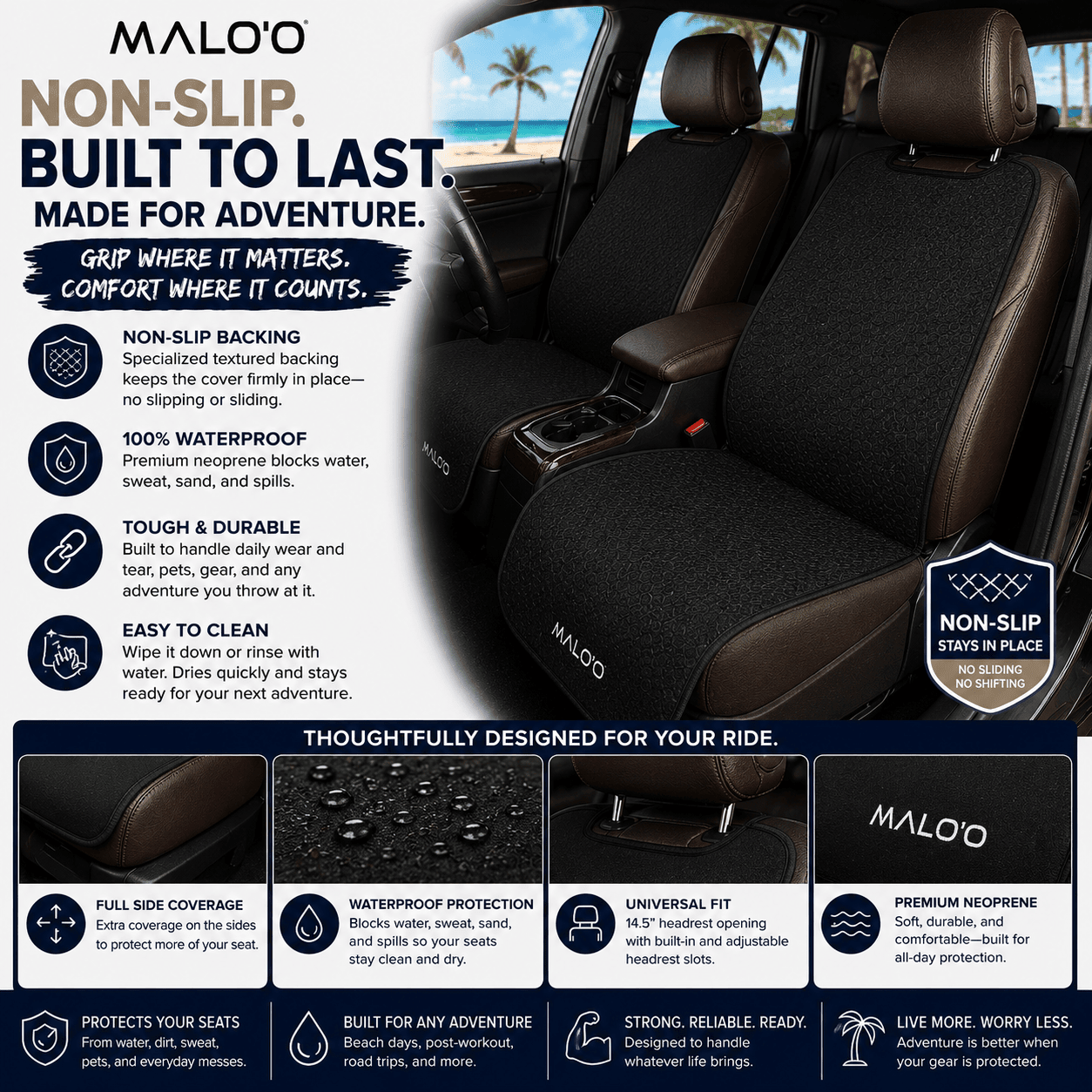 SeatGuard Non-Slip Waterproof Seat Cover (2-Pack) – Durable Seat Protector for Beach, Gym & Pets - Malo'o Racks