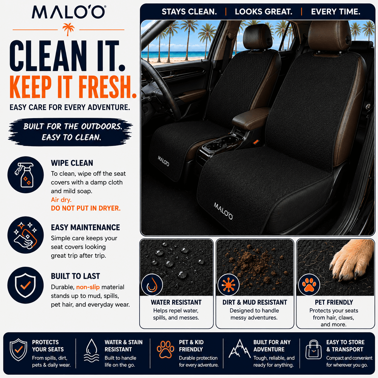 SeatGuard Non-Slip Waterproof Seat Cover (2-Pack) – Durable Seat Protector for Beach, Gym & Pets - Malo'o Racks