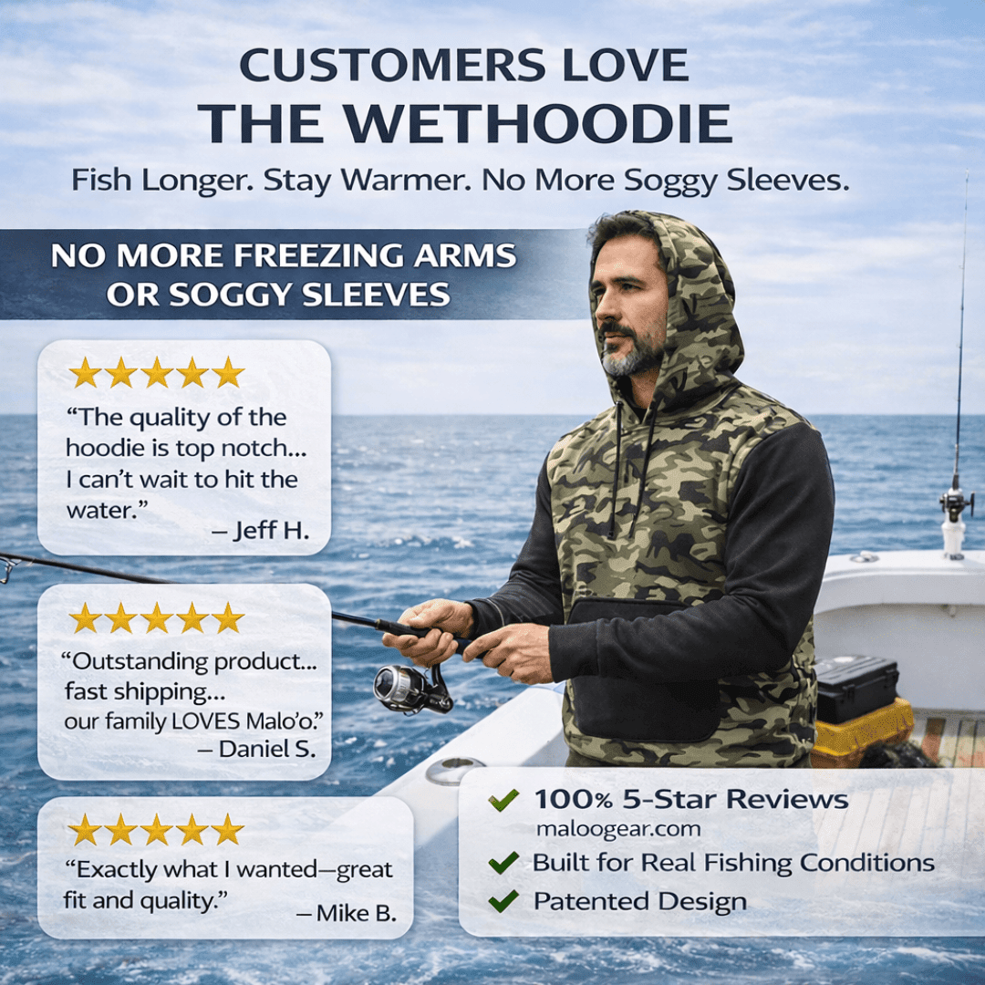 WetHoodie – Cold Water Fishing Hoodie with Neoprene Sleeves (Stay Warm, Stay Dry) - Malo'o Racks